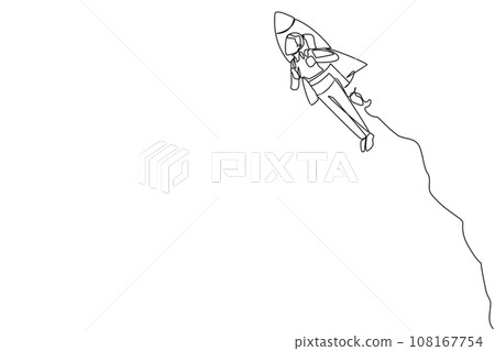 Single one line drawing young businesswoman flying with rocket. Desire to take the business to the skies. Successful entrepreneur. The great businesswoman. Continuous line design graphic illustration 108167754