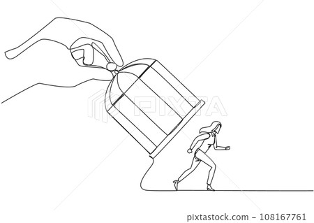 Single one line drawing big hand holding the iron cage, catch businesswoman. Want to trap in any way. Enter the trap. Unfair business competition. Lost. Continuous line design graphic illustration 108167761