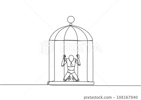 Single continuous line drawing robot trapped in the cage kneeling holding iron bars. Framed by business partner. Have to bear all the consequences. Unfair. AI tech. One line design vector illustration 108167840