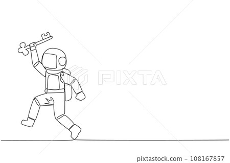 Single one line drawing young astronaut running holding key. Doing celebrate. Perform movements like a relay athlete. The secret key to business revival. Continuous line design graphic illustration 108167857