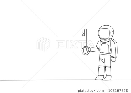 Continuous one line drawing astronaut holding key. Important key to increasing profit has been secured. Ready to become important inheritance for relatives. Single line draw design vector illustration 108167858