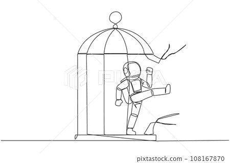 Single one line drawing astronaut trapped in the cage kick the caged until wrecked. Freedom of expression for the smooth running of business. Distractions. Continuous line design graphic illustration Single one line drawing astronaut trapped in the cage kick the caged until wrecked. Freedom of expression for the smooth running of business. Distractions. Continuous line design graphic illustration 108167870