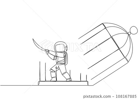 Single one line drawing young astronaut trapped in the cage holds samurai. Expression of anger over the limitations that shackle. Seek freedom at any cost. Continuous line design graphic illustration 108167885