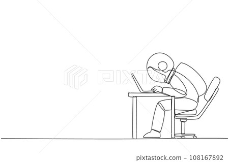 Single one line drawing astronaut sitting and typing on laptop computer. Work hard to achieve maximum expected results. Overtime and work smart. Spaceman. Continuous line design graphic illustration Single one line drawing astronaut sitting and typing on laptop computer. Work hard to achieve maximum expected results. Overtime and work smart. Spaceman. Continuous line design graphic illustration 108167892