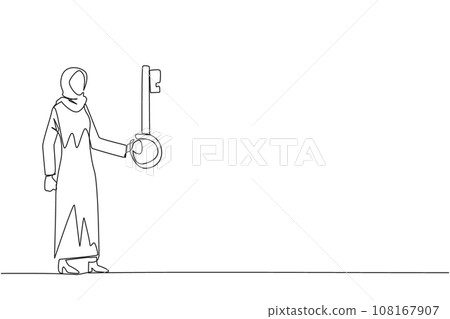 Single one line drawing Arabian businesswoman holding key. Important key to increasing profits has been secured. Ready to become important inheritance. Continuous line design graphic illustration Single one line drawing Arabian businesswoman holding key. Important key to increasing profits has been secured. Ready to become important inheritance. Continuous line design graphic illustration 108167907