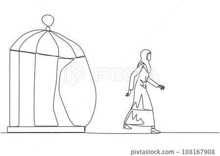 Continuous one line drawing Arab businesswoman trapped in cage and walking penetrate the cage. Metaphor seeking new challenges and experiences for better future. Single line design vector illustration Continuous one line drawing Arab businesswoman trapped in cage and walking penetrate the cage. Metaphor seeking new challenges and experiences for better future. Single line design vector illustration 108167908