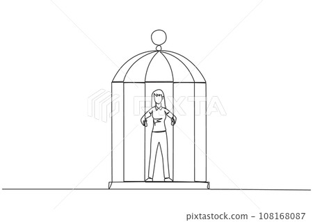 Single continuous line drawing unhappy businesswoman trapped in cage standing hold the iron bars. Imprisoned body and mind. Limited opportunity. Feeling exhausted. One line design vector illustration 108168087