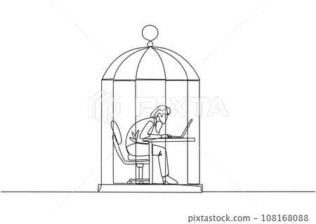 Single one line drawing businesswoman trapped in cage working on laptop computer. Plan to take annual leave to get away from routine. Workaholic. Overtime. Continuous line design graphic illustration 108168088