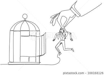 Single one line drawing big hands holding businessman and want put in a cage. Trapping roughly. Beating a business opponent by cheating. Unfair business. Continuous line design graphic illustration 108168126