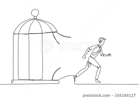 Continuous one line drawing businessman trapped in the cage running through the cage. Metaphor penetrates the maximum limit of self. Desire to succeed. Single line draw design vector illustration Continuous one line drawing businessman trapped in the cage running through the cage. Metaphor penetrates the maximum limit of self. Desire to succeed. Single line draw design vector illustration 108168127