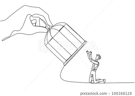Single continuous line drawing big hand hold the cage catch kneeling businessman. Entrepreneurs who surrender to the situation. Take responsibility for all errors. One line design vector illustration 108168128