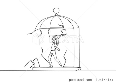 Continuous one line drawing businessman trapped in cage holding an axe and destroy the cage. Everything is done to be free. Rising anger. Disappointed. Single line draw design vector illustration Continuous one line drawing businessman trapped in cage holding an axe and destroy the cage. Everything is done to be free. Rising anger. Disappointed. Single line draw design vector illustration 108168134