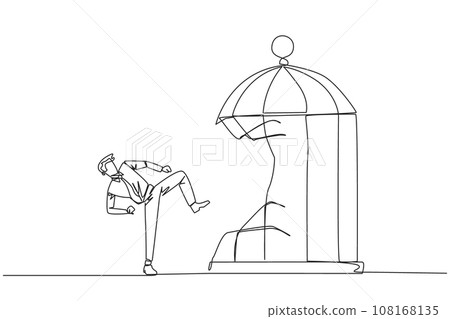 Single continuous line drawing taekwondo businessman destroy cage with the kick. Metaphors remove the comfort zone trap. A genius entrepreneur for the company. One line design vector illustration Single continuous line drawing taekwondo businessman destroy cage with the kick. Metaphors remove the comfort zone trap. A genius entrepreneur for the company. One line design vector illustration 108168135