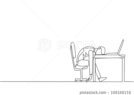 Continuous one line drawing businessman fell asleep in front of a laptop computer. Fatigue running a business. Mental health problem. Exhausted, bored. Single line draw design vector illustration 108168158
