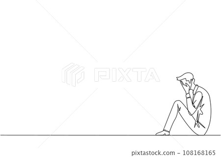 Continuous one line drawing businessman sitting while covering face. A sad businessman bemoans the fate of business. Failure to develop business unit. Single line draw design vector illustration Continuous one line drawing businessman sitting while covering face. A sad businessman bemoans the fate of business. Failure to develop business unit. Single line draw design vector illustration 108168165