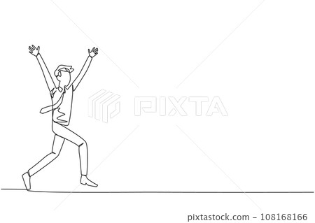 Continuous one line drawing young businessman running to celebrate the success of business. Like a football player who scores goal, he celebrates. Success. Single line draw design vector illustration Continuous one line drawing young businessman running to celebrate the success of business. Like a football player who scores goal, he celebrates. Success. Single line draw design vector illustration 108168166