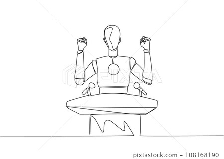 Continuous one line drawing smart robotic speaking at the podium while raising and clenching both hands. Styled like a politician seeking votes. Orator. Single line draw design vector illustration 108168190