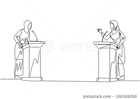 Single continuous line drawing two Arabian businesswoman arguing on podium. Throwing opinions on the best way to deal with global warming. Open dialogue. Debating. One line design vector illustration Single continuous line drawing two Arabian businesswoman arguing on podium. Throwing opinions on the best way to deal with global warming. Open dialogue. Debating. One line design vector illustration 108168269