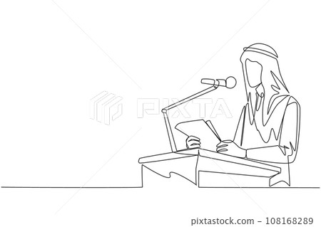 Single continuous line drawing Arab businessman speaking on podium holding piece of paper. Make welcoming speech. Entrepreneur has a new business branch. Happiness. One line design vector illustration Single continuous line drawing Arab businessman speaking on podium holding piece of paper. Make welcoming speech. Entrepreneur has a new business branch. Happiness. One line design vector illustration 108168289