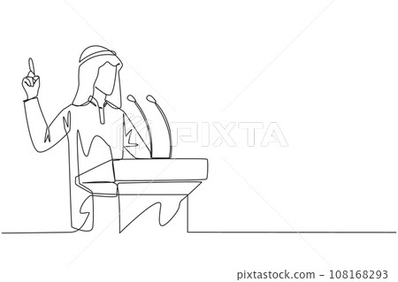 Single continuous line drawing young Arabian businessman speaking at the podium while lifting index finger up. He made favorable statement for the company. Oration. One line design vector illustration 108168293