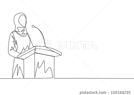 Continuous one line drawing young Arabian businesswoman speaking at podium. Announced greatly improved business balance sheet. A fun speech for all parties. Single line draw design vector illustration Continuous one line drawing young Arabian businesswoman speaking at podium. Announced greatly improved business balance sheet. A fun speech for all parties. Single line draw design vector illustration 108168295