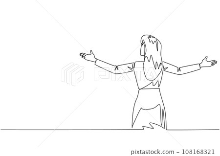 Single continuous line drawing rear view of businesswoman speaking at the podium while opening hands. Style like successful motivator. Invite to increase business. One line design vector illustration 108168321