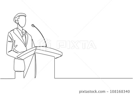 Single continuous line drawing young happy businessman speaking at the podium. Announced greatly improved business balance sheet. A fun speech for all parties. One line design vector illustration 108168340