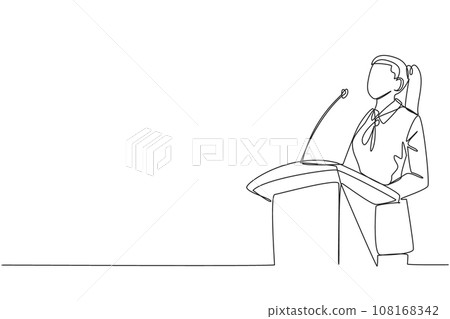 Single one line drawing young happy businesswoman speaking at the podium. Announced greatly improved business balance sheet. A fun speech for all parties. Continuous line design graphic illustration 108168342
