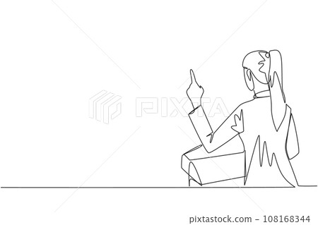 Continuous one line drawing from back view young businesswoman speak at podium while lifting index finger. Businesswoman in Conference Hall present new business. Single line draw vector illustration 108168344