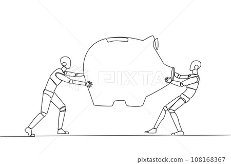 Single continuous line drawing two selfish robot fighting over big piggy bank. Arguing and each other feel entitled. Robot versus robot. Attack. Future technology. One line design vector illustration 108168367