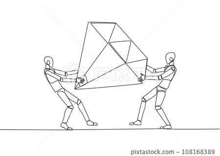 Continuous one line drawing two selfish robot fighting over the big diamond. Fight over diamond mines that make profit boost for robotic. Conflict. AI tech. Single line draw design vector illustration Continuous one line drawing two selfish robot fighting over the big diamond. Fight over diamond mines that make profit boost for robotic. Conflict. AI tech. Single line draw design vector illustration 108168389