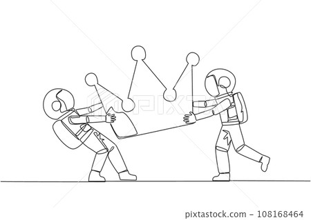 Continuous one line drawing two emotional astronaut fighting over the crown. Fighting for become the most successful and respected astronaut. Conflict. Single line draw design vector illustration Continuous one line drawing two emotional astronaut fighting over the crown. Fighting for become the most successful and respected astronaut. Conflict. Single line draw design vector illustration 108168464