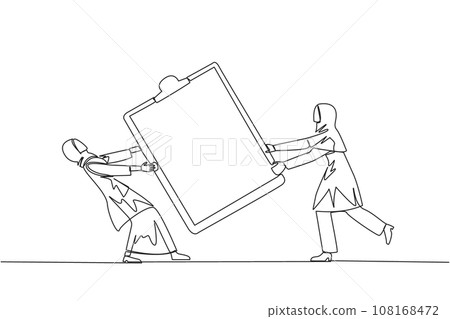 Continuous one line drawing two angry Arabian businesswoman fighting over clipboard. Useful to make it easier to check reports. Businesswoman conflict. Aggressive. Single line draw vector illustration Continuous one line drawing two angry Arabian businesswoman fighting over clipboard. Useful to make it easier to check reports. Businesswoman conflict. Aggressive. Single line draw vector illustration 108168472