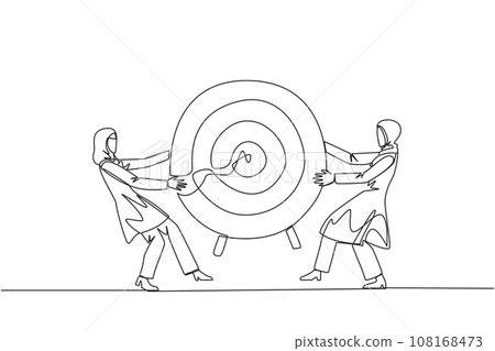 Single one line drawing two angry Arabian businesswoman fighting over arrow target board. Fighting for who will get the achievement first. Attack. Conflict. Continuous line design graphic illustration Single one line drawing two angry Arabian businesswoman fighting over arrow target board. Fighting for who will get the achievement first. Attack. Conflict. Continuous line design graphic illustration 108168473