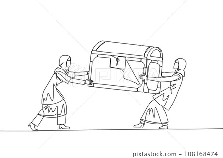 Single continuous line drawing two egoistic Arabian businesswoman fighting over treasure chest. Feel most entitled to the discovery of treasure. Rivalry and competition. One line vector illustration Single continuous line drawing two egoistic Arabian businesswoman fighting over treasure chest. Feel most entitled to the discovery of treasure. Rivalry and competition. One line vector illustration 108168474