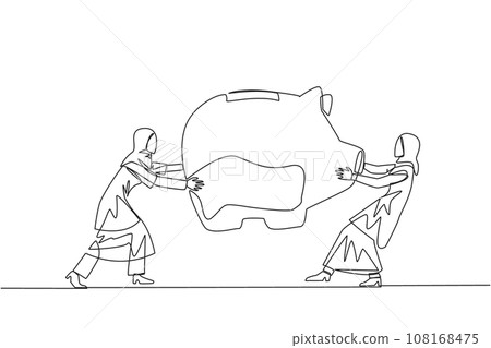 Continuous one line drawing two selfish Arabian businesswoman fighting over piggy bank. Arguing and each other feel entitled. Businesswoman versus businesswoman. Single line draw vector illustration 108168475