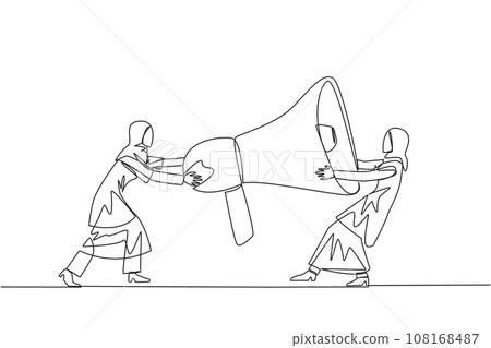 Single continuous line drawing two emotional Arabian businesswoman fighting over megaphone. Scramble to announce vacancies and look for reliable employees. Rival. One line design vector illustration Single continuous line drawing two emotional Arabian businesswoman fighting over megaphone. Scramble to announce vacancies and look for reliable employees. Rival. One line design vector illustration 108168487