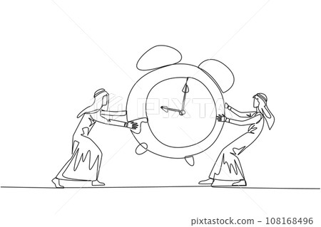 Single one line drawing two emotional Arabian businessman fighting over alarm clock. The concept of fighting for rare items for prestige. Conflict. Attack. Continuous line design graphic illustration 108168496