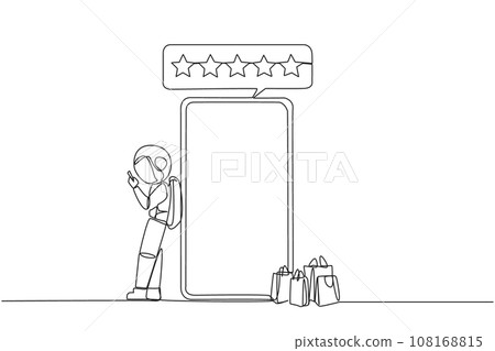 Single one line drawing young happy astronaut leaning on giant smartphone while typing on smartphone. Concept of online shop. Review five gold star. Cosmic. Continuous line design graphic illustration 108168815