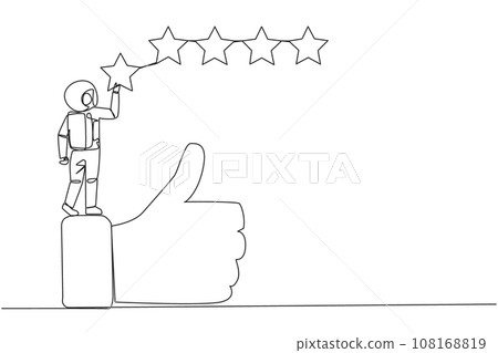 Single one line drawing astronaut standing on the thumbs up wants to attach the stars to form 5 star in a row. Give review or good feedback. Cosmonaut deep space. Continuous line graphic illustration 108168819