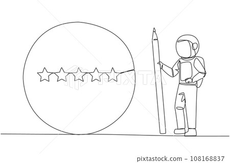 Continuous one line drawing astronaut stand holding large pencil and next to is a large circle encircling all 5 stars. Five star rating positive feedback. Cosmic. Single line draw vector illustration 108168837