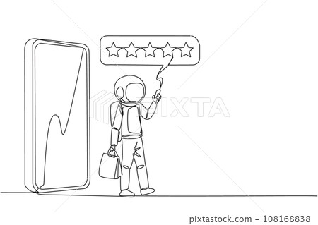 Single continuous line drawing astronaut come out of big smartphone carry shopping bag the other hand typing smartphone. Online shopping concept. Ecommerce. Cosmic. One line design vector illustration 108168838