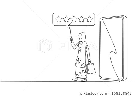 Single one line drawing Arabian woman comes out of big smartphone carry shopping bag, the other hand typing smartphone. Online shopping concept. Ecommerce. Continuous line design graphic illustration 108168845