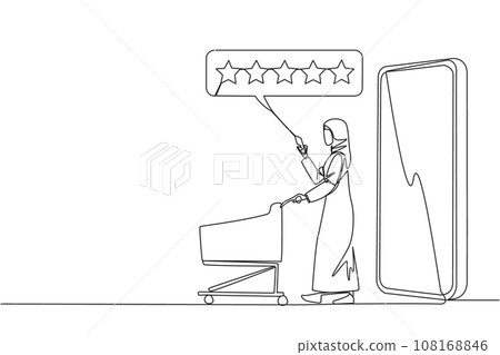 Continuous one line drawing Arabian woman walked out of large smartphone while pushing a shopping trolley. Five stars rating review. E commerce. Review to seller. Single line draw vector illustration 108168846