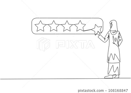 Single one line drawing Arabian woman standing holding 1 star and want to make it 5 star array. Satisfied customers and give perfect rating. Star rating. Continuous line design graphic illustration 108168847