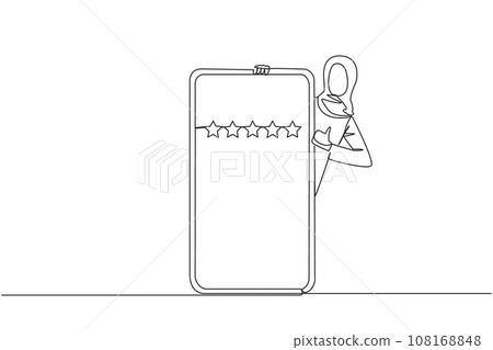 Single continuous line drawing Arabian woman stands behind giant smartphone, but head and body appear and hands give thumbs up gesture. Online shop concept. Review 5 star. One line vector illustration 108168848