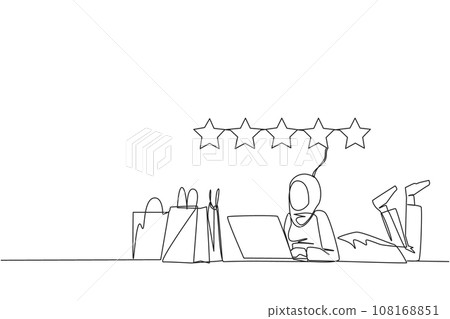 Single continuous line drawing young Arabian woman on stomach while typing on laptop. Next to the laptop is a shopping bag. Give the best review with pleasure. One line design vector illustration Single continuous line drawing young Arabian woman on stomach while typing on laptop. Next to the laptop is a shopping bag. Give the best review with pleasure. One line design vector illustration 108168851