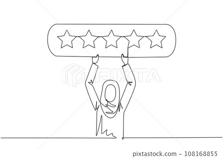 Single continuous line drawing young Arabian woman holding rating board which contains 5 stars. Star rating. Positive review. Online shopping with give 5 rating. One line design vector illustration 108168855