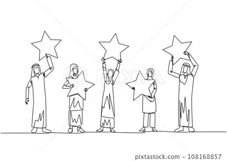 Single one line drawing group of three Arabian women and two Arabian men raised their respective stars. Give positive feedback and the best review. 5 star. Continuous line design graphic illustration 108168857