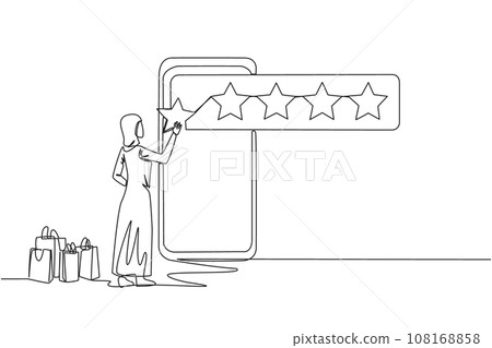 Continuous one line drawing Arabian woman standing facing big smartphone trying to stick one star, that it becomes 5 stars. Reviews given to online stores. Single line draw design vector illustration Continuous one line drawing Arabian woman standing facing big smartphone trying to stick one star, that it becomes 5 stars. Reviews given to online stores. Single line draw design vector illustration 108168858
